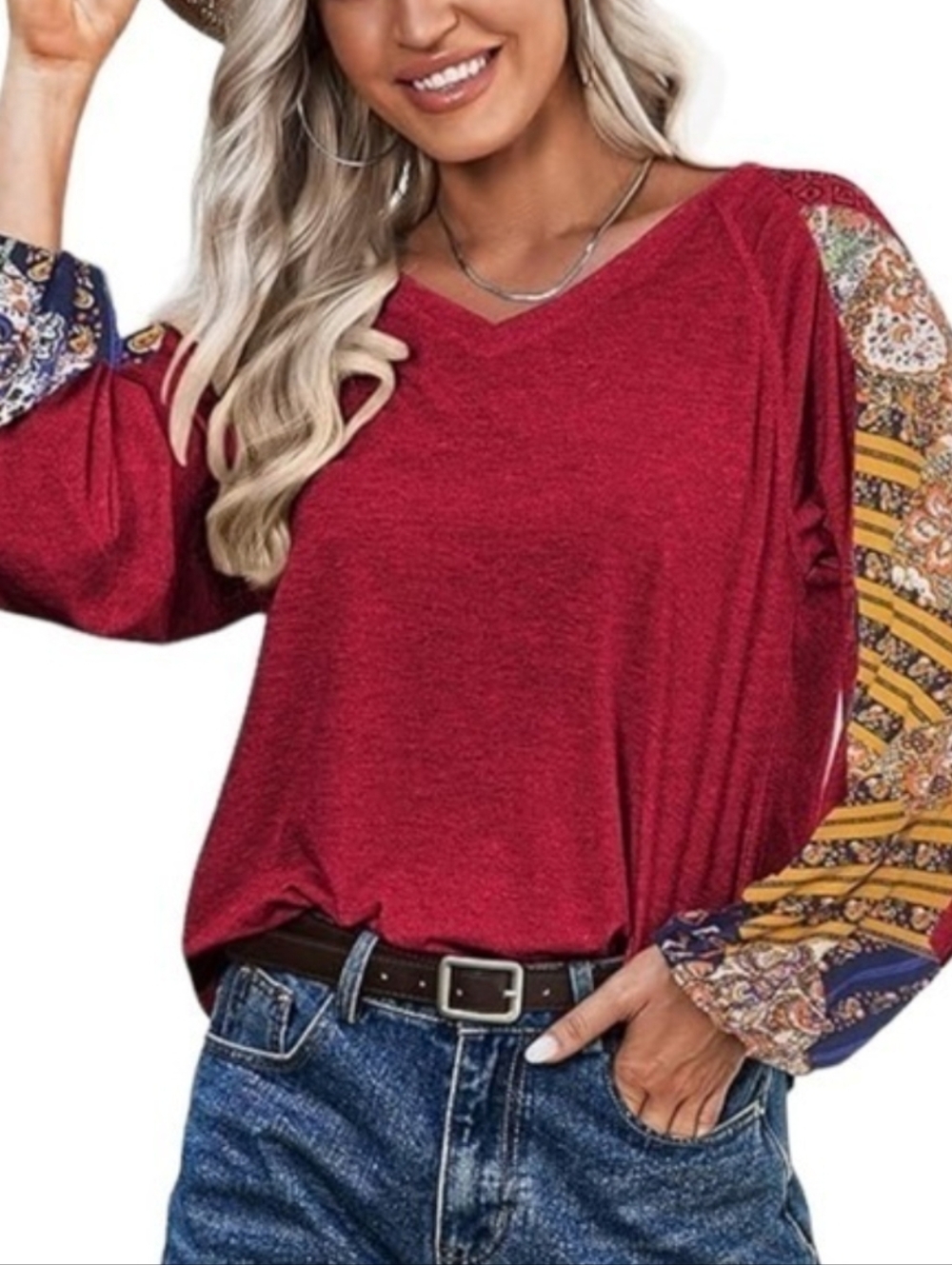 Boho Red Multi Color Balloon Sleeve Long Sleeve Blouse Size Large Colorful